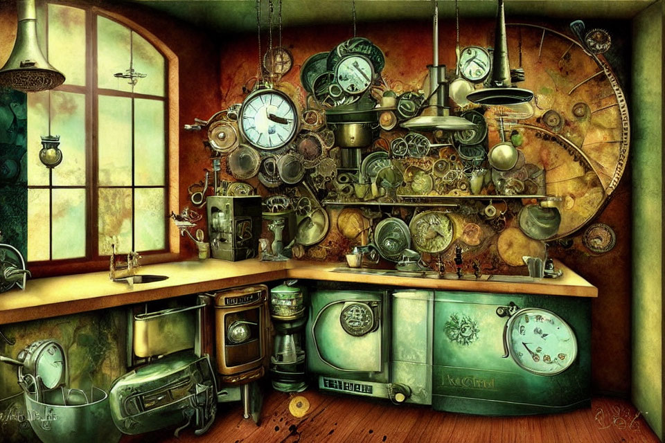 Steampunk-Inspired Kitchen with Clocks, Gears, Vintage Appliances