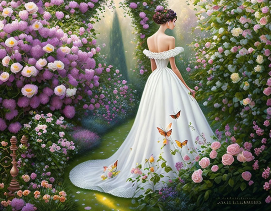 Woman in white gown surrounded by flowers and butterflies in sunlight glow