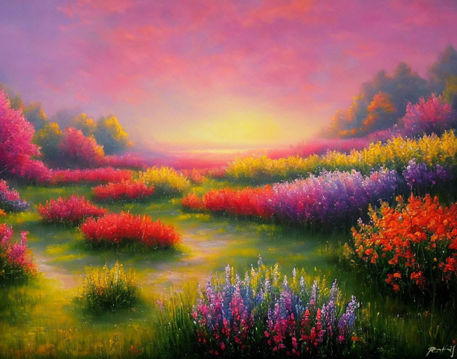 Colorful Blooming Field Sunset Landscape Painting