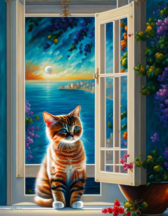 Colorful painting of orange tabby cat on windowsill with coastal cityscape and moonlit sky.