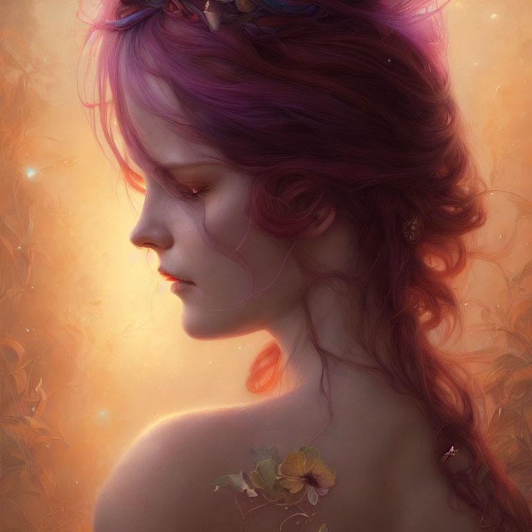 Digital artwork: Woman with purple hair, warm glowing backdrop, flowers, braided hairstyle