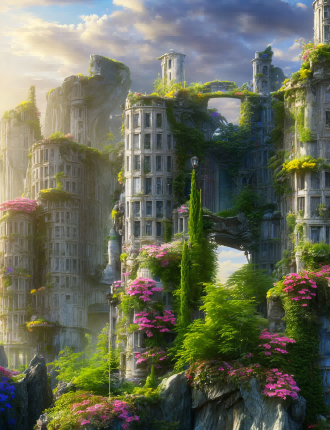 Fantastical landscape with towering cliffs and ancient ruins among vibrant pink flowers