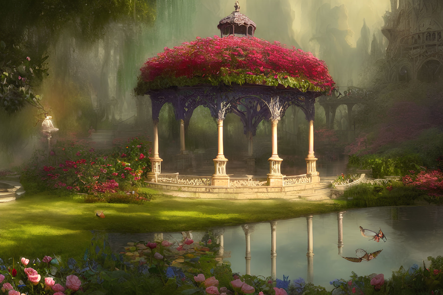 Ornate Gazebo with Pink Flowers in Tranquil Garden