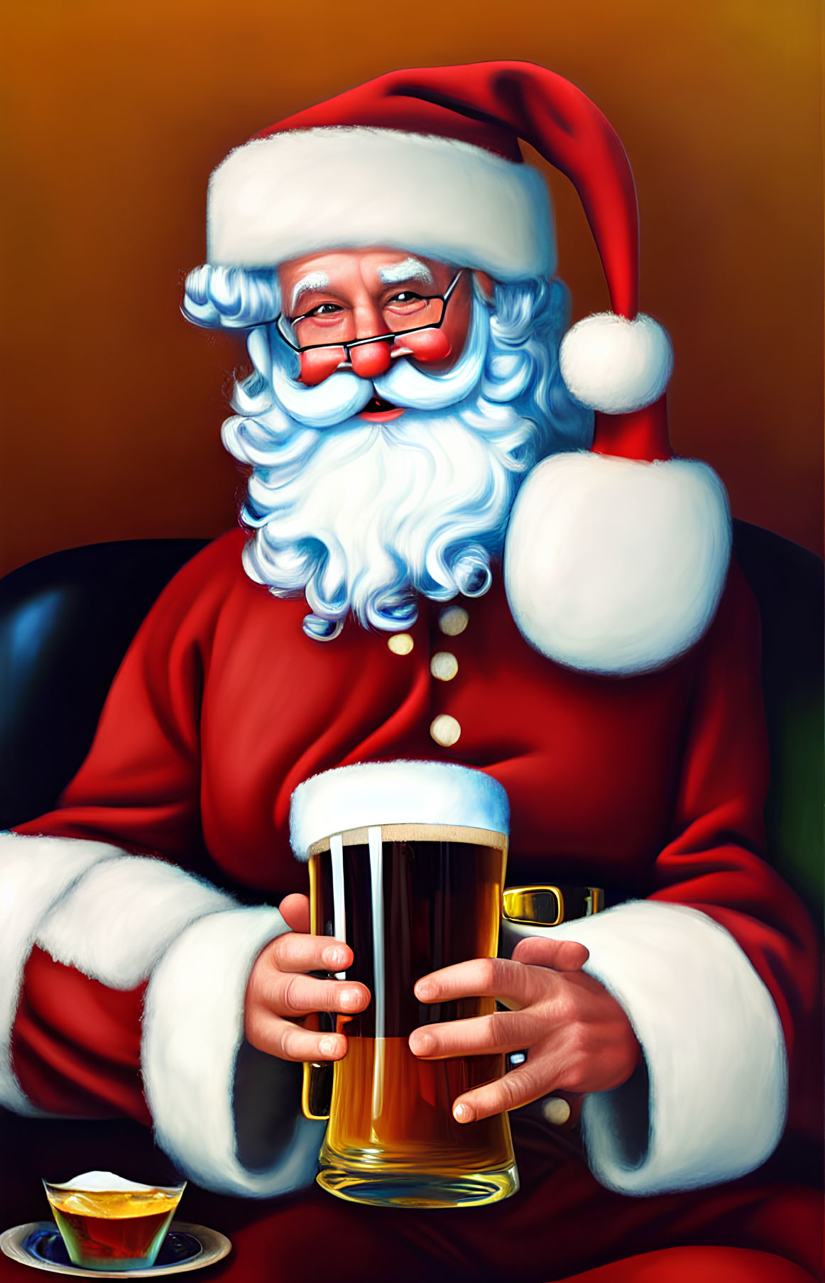 Santa Claus with blue glasses holding beer and espresso cup on warm background