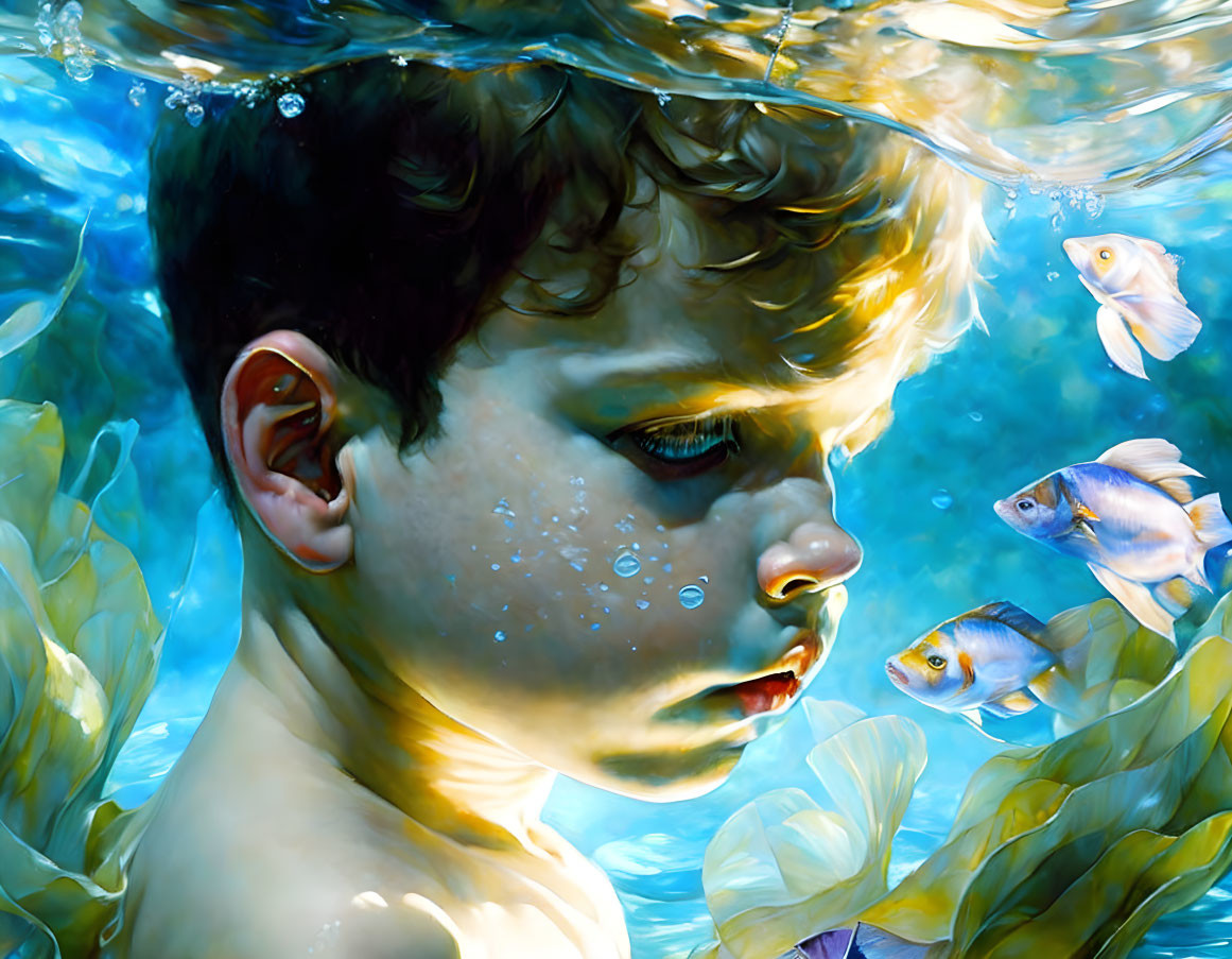 Boy in Water Surrounded by Fish and Aquatic Plants in Serene Blue Hue