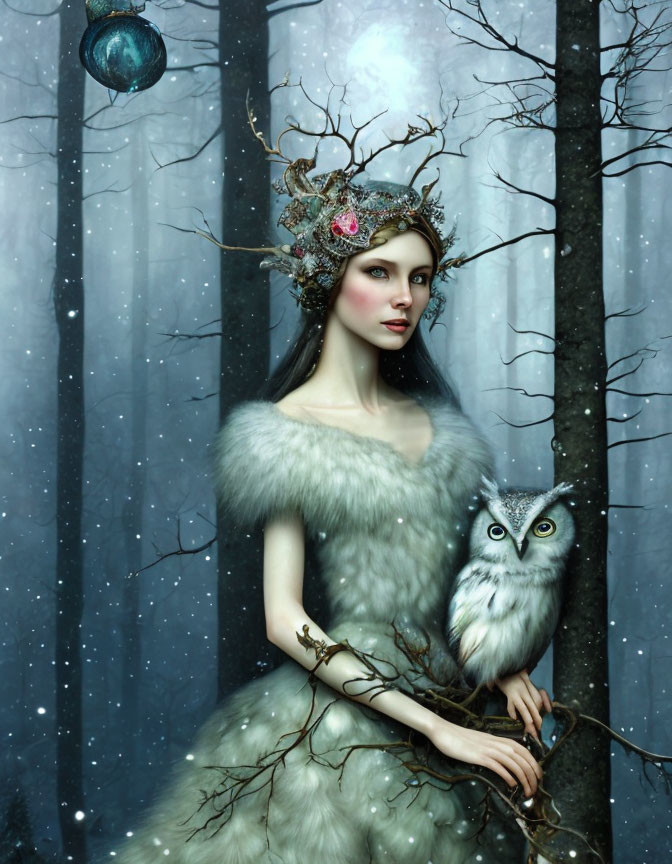 Mystical woman with owl in snowy forest, crowned and fur-clad