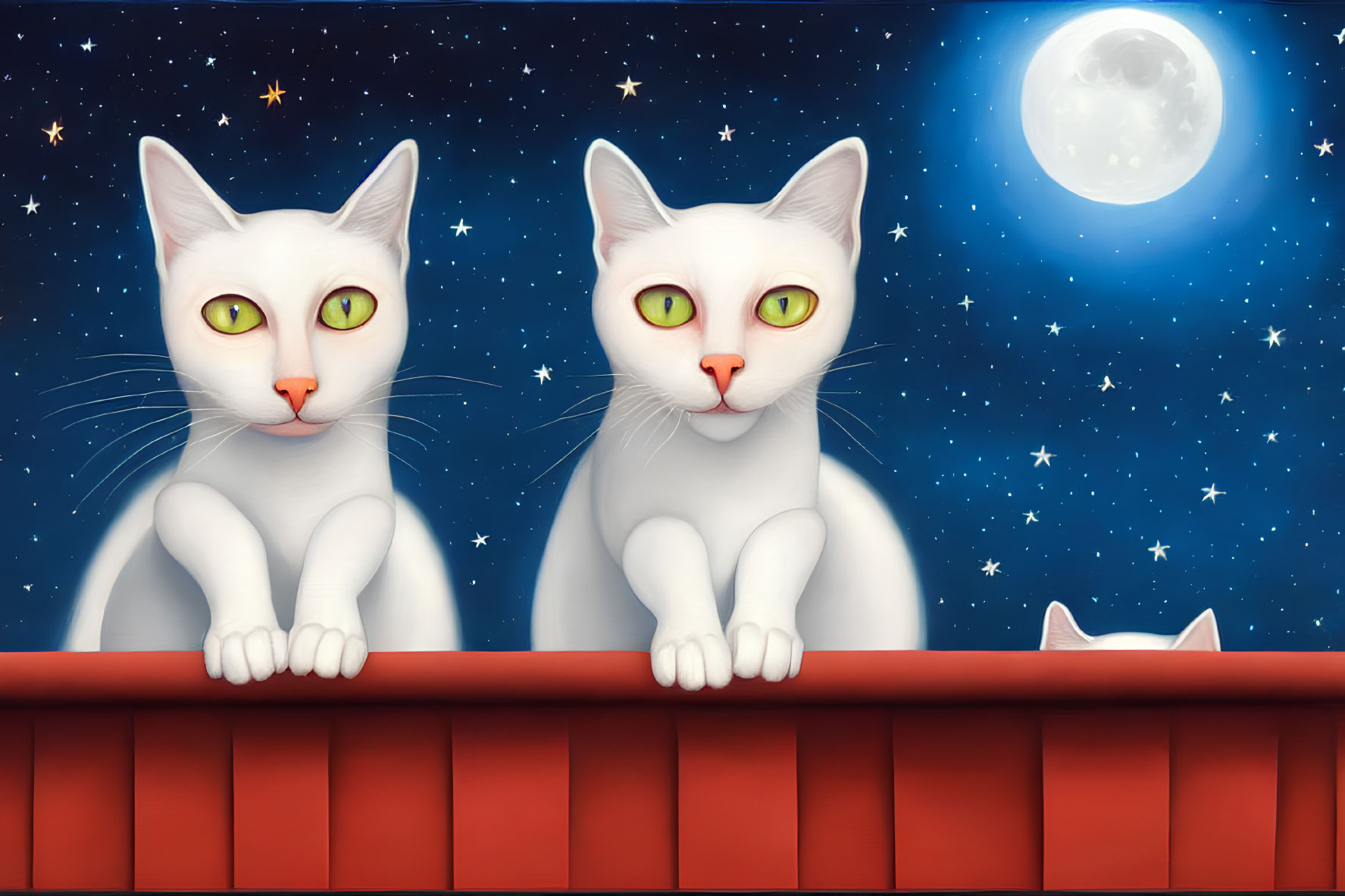 Three cats on red roof under full moon and starry night sky