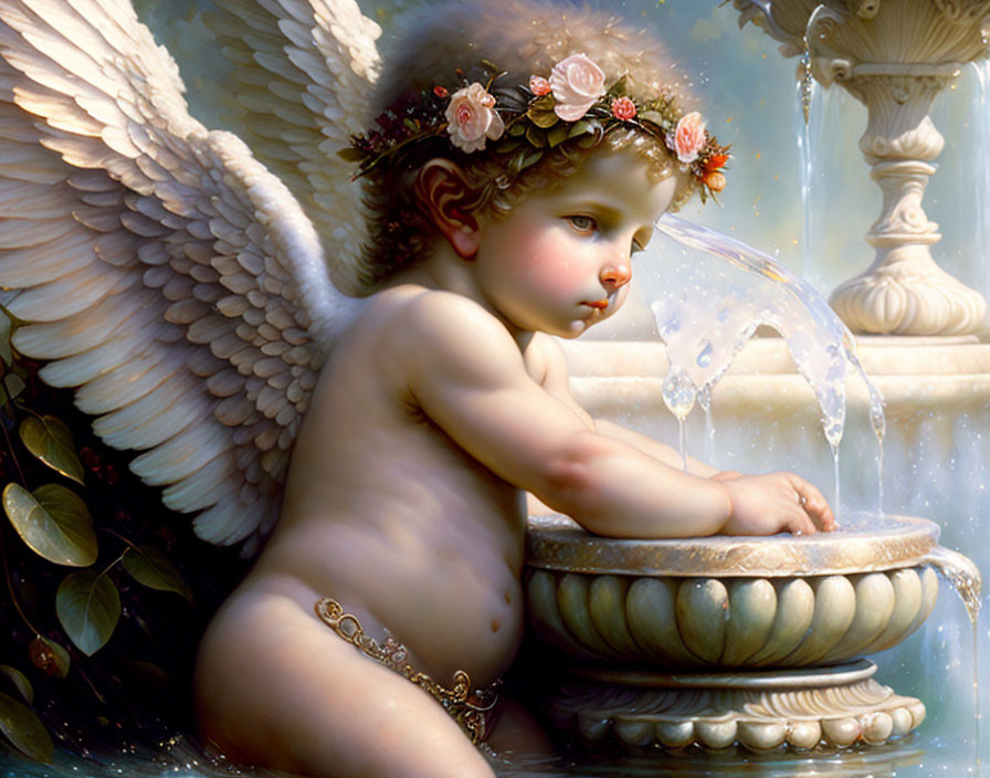 Cherub with wings and floral crown by stone basin with flowing water