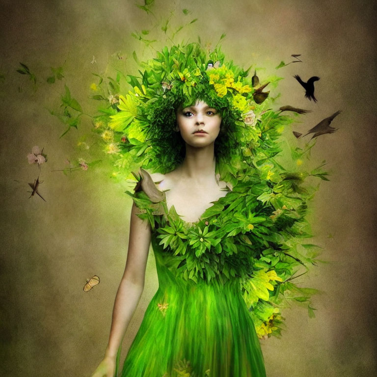 Woman in Vibrant Green Leafy Dress Surrounded by Butterflies and Birds