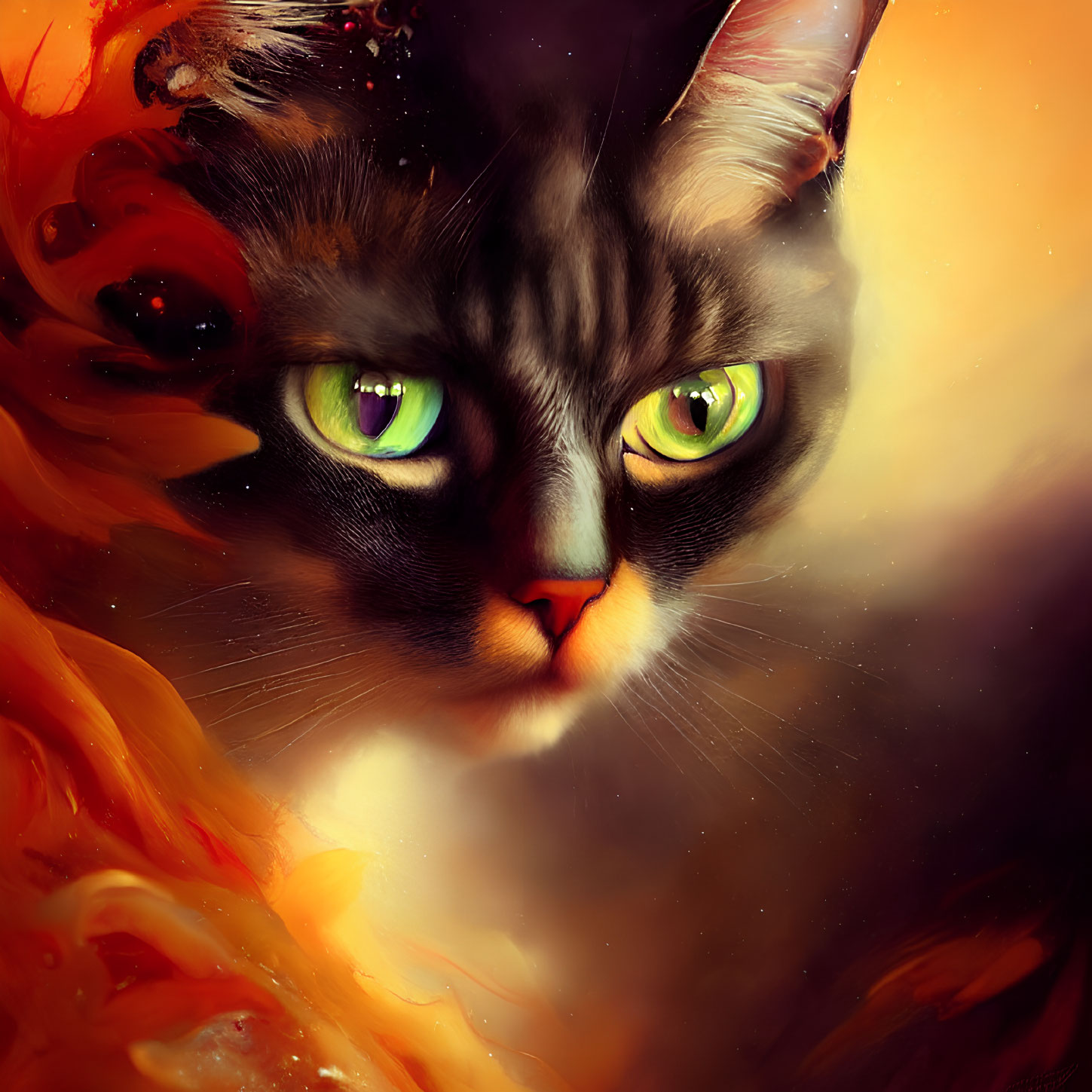 Colorful Digital Art: Cat with Green Eyes in Orange and Yellow Abstract Waves