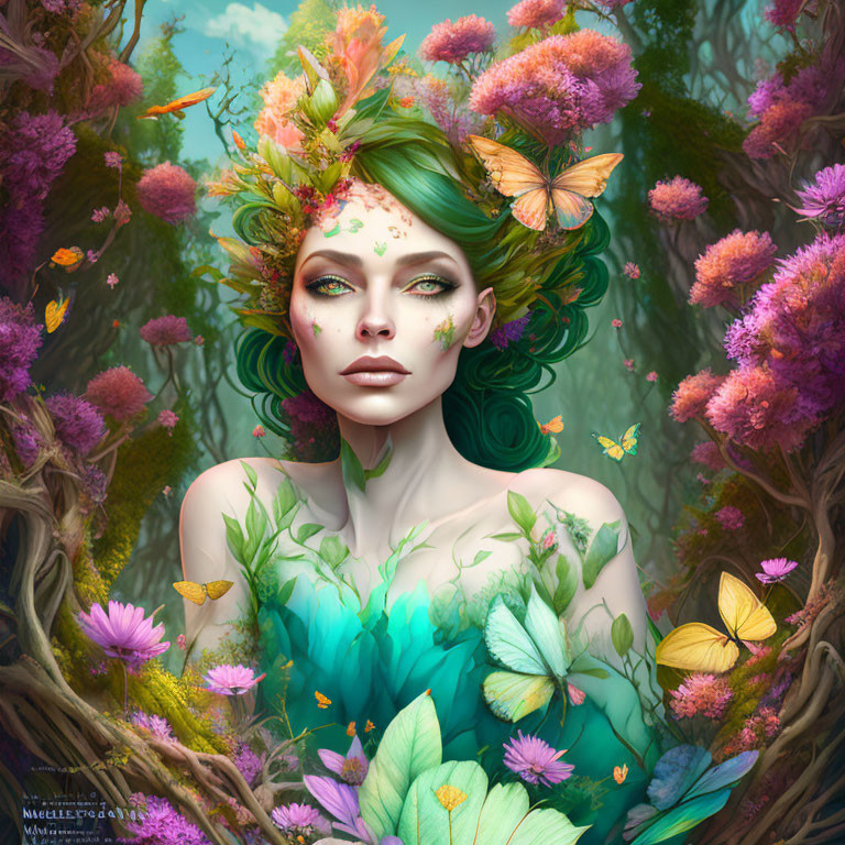 Woman adorned with flowers and butterflies in vibrant forest setting