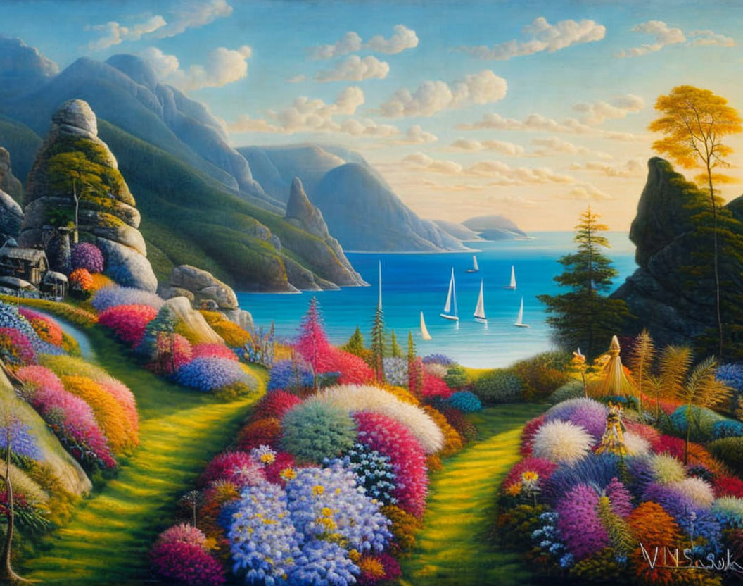 Colorful seaside landscape with flowers, sailboats, mountains, and clear sky