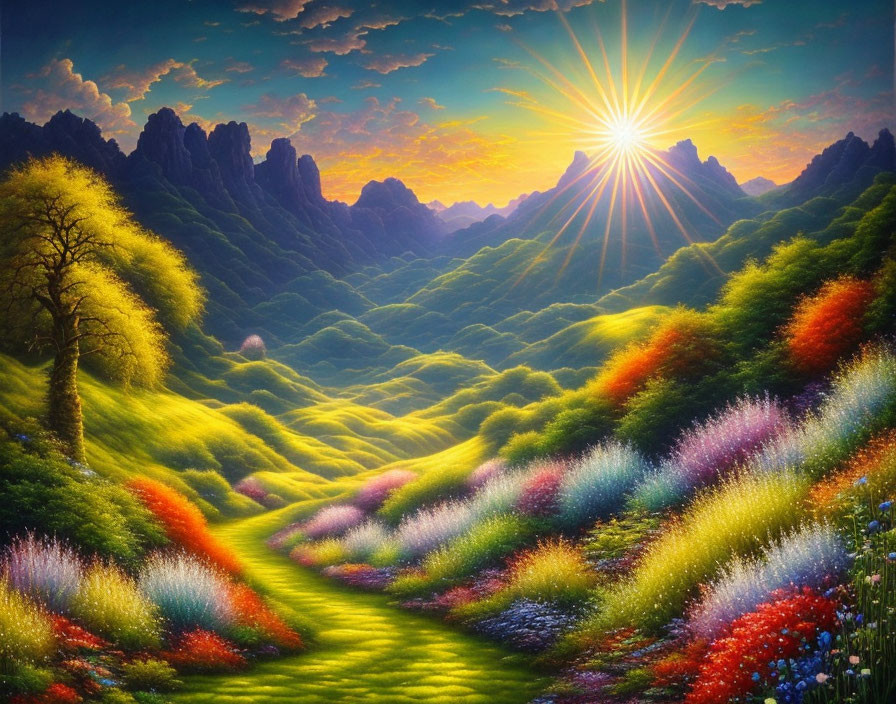 Colorful blooming flowers in vibrant, fantastical landscape