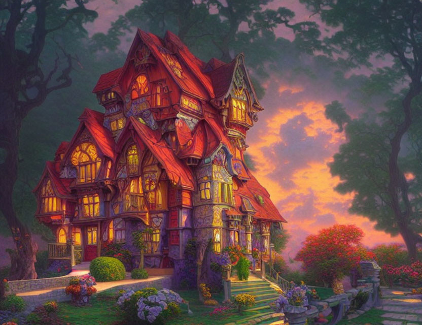 Victorian house at sunset with lush gardens