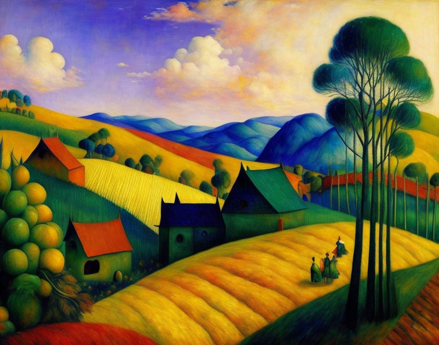 Vibrant landscape painting with rolling hills, fields, trees, houses, and small figures