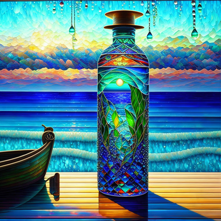 Colorful stained glass-style sunset illustration of bottle, boat, and ocean shore