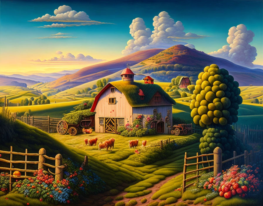 Stylized painting: Pastoral scene with barn, cows, rolling hills, lush tree