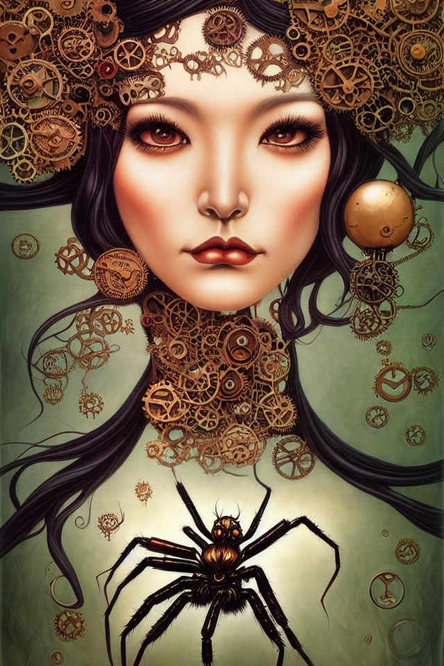 Steampunk-inspired digital artwork of a woman with intricate gear headwear and mechanical spider.