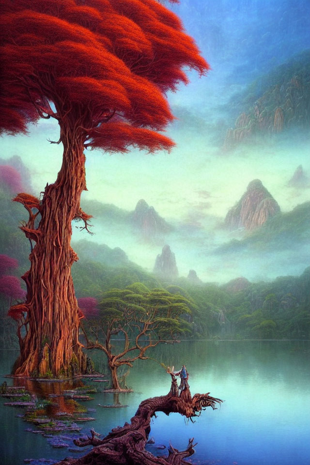 Colorful painting of fantastical landscape with large red tree, serene lake, misty mountains.