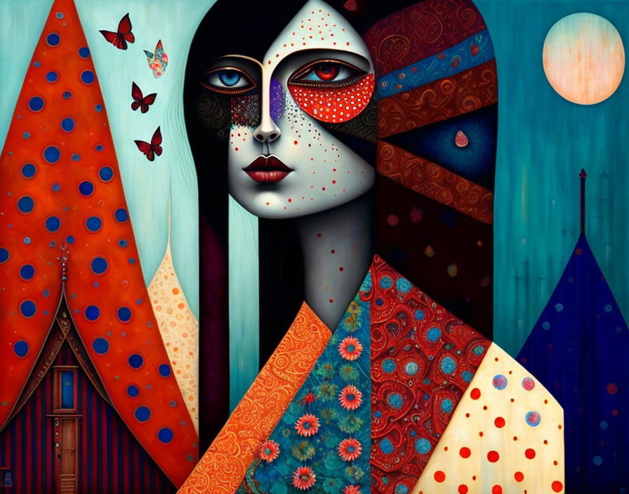 Colorful Surreal Portrait of Woman with Patterned Skin and Geometric Backdrop