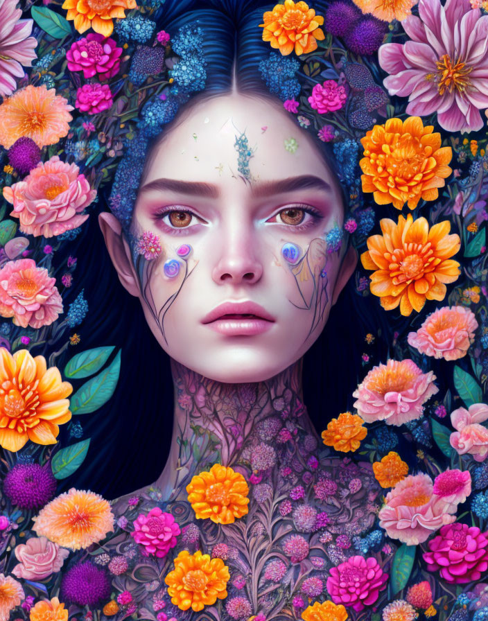 Digital illustration of woman with violet eyes in vibrant flower surroundings