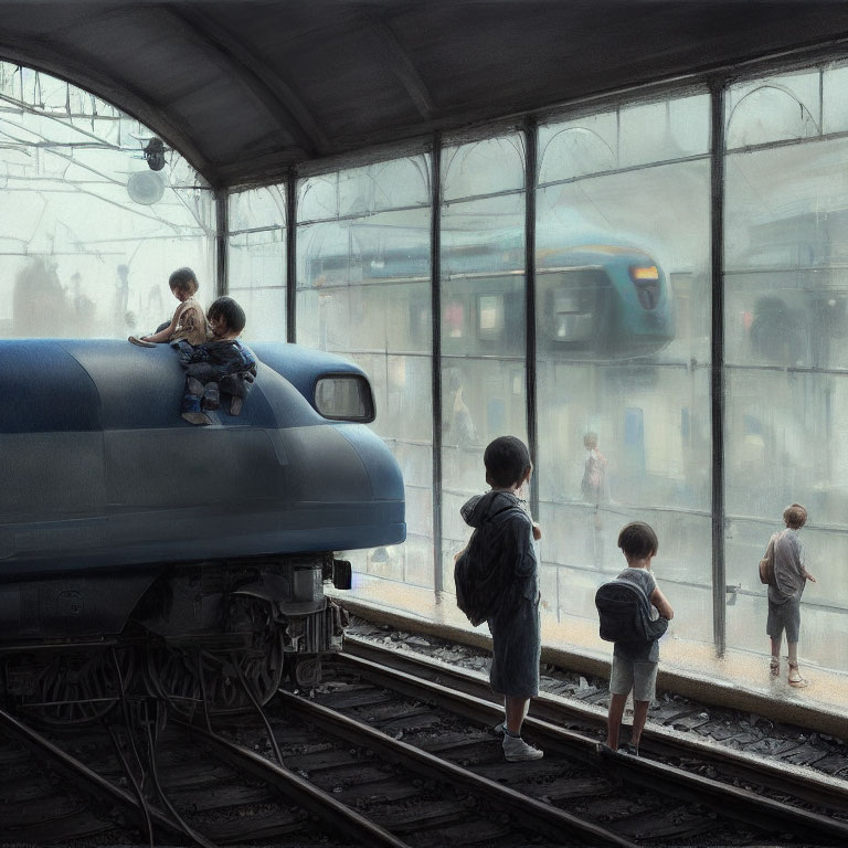 Four children at a train station with train approaching