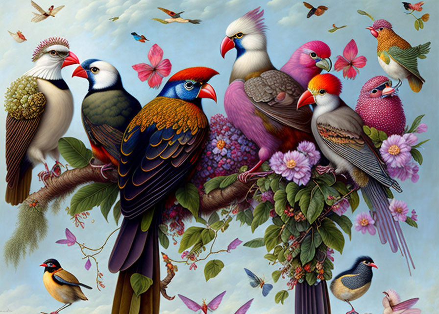 Colorful Birds Perched on Blossoming Branches in Front of Cloudy Sky