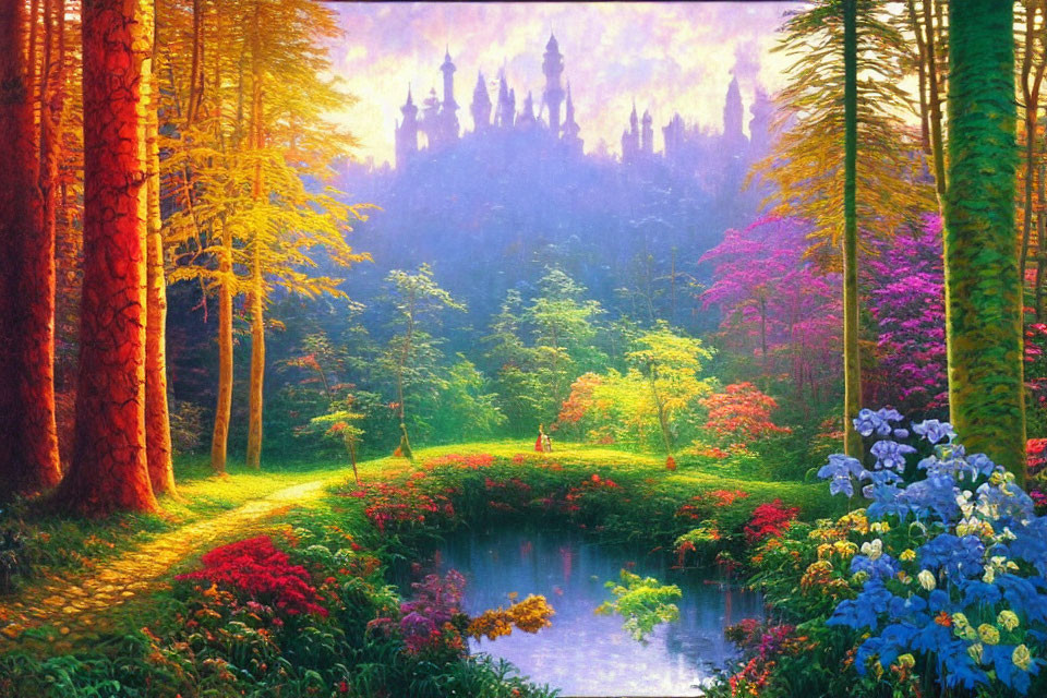 Colorful Forest Scene with Pond, Trees, and Castle Silhouette