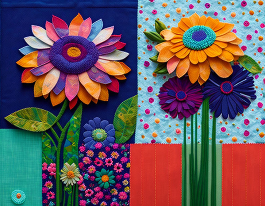 Vibrant textile art: Stylized floral designs on patchwork with button and bead embellishments