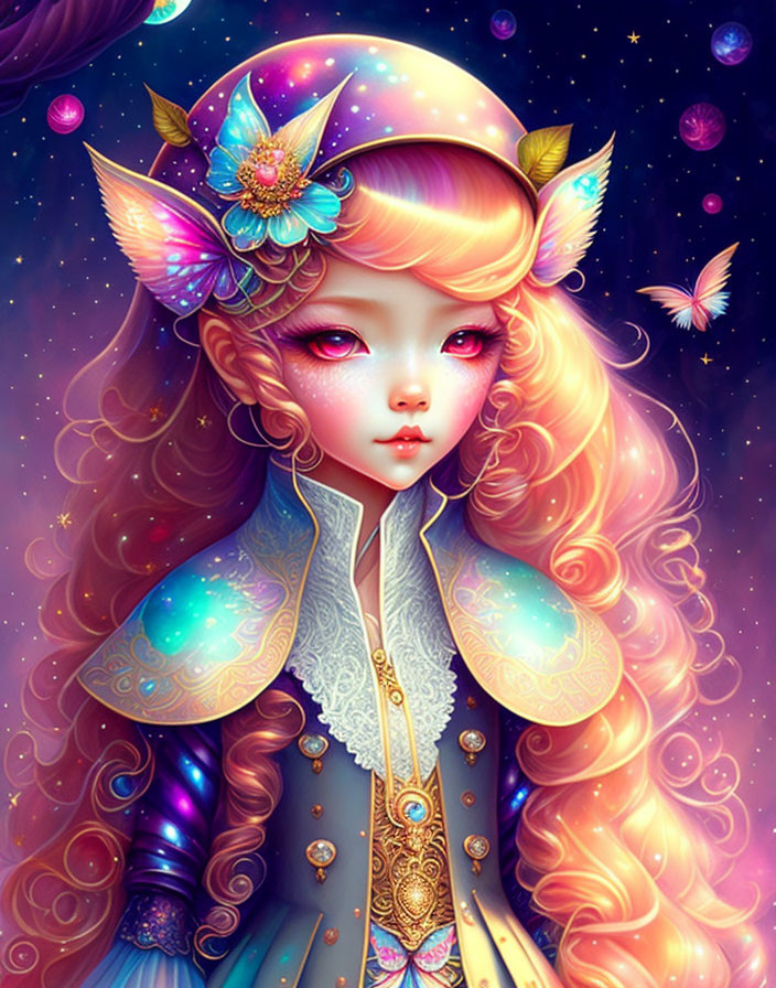 Fantasy illustration of a girl with long wavy hair and celestial motifs.