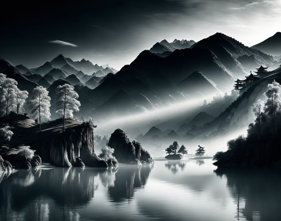 Serene Monochrome Landscape with Pagodas, Trees, and Misty Mountains