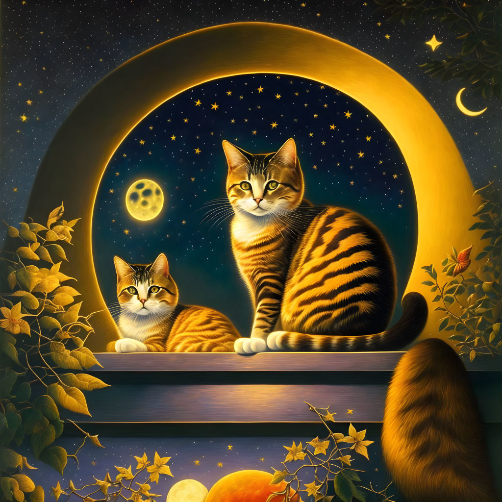 Striped Cats on Windowsill with Moon and Oranges in Starry Night