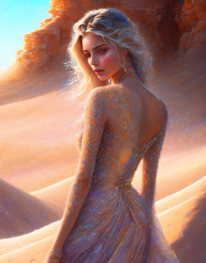 Golden Attired Woman in Sunlit Desert Canyon