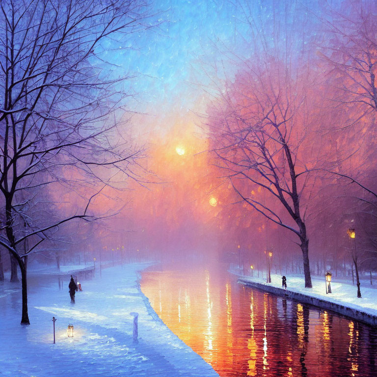 Snowy park at twilight with glowing orange sunset and person walking by canal