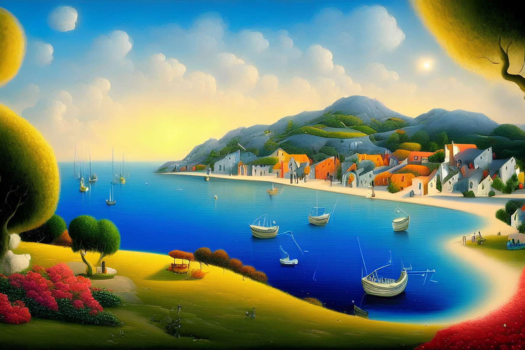 Tranquil coastal village landscape with sailboats, hills, and vibrant sunset