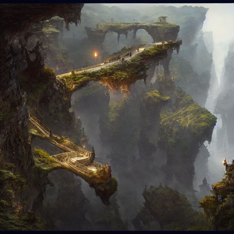 Fantastical landscape with towering cliffs and multi-level bridge system