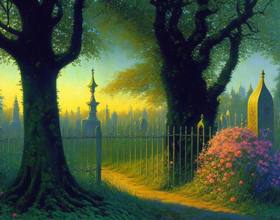 Tranquil garden path painting with vibrant flowers and glowing sunset light