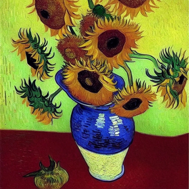 Vibrant sunflowers in a bold, Van Gogh-style vase painting