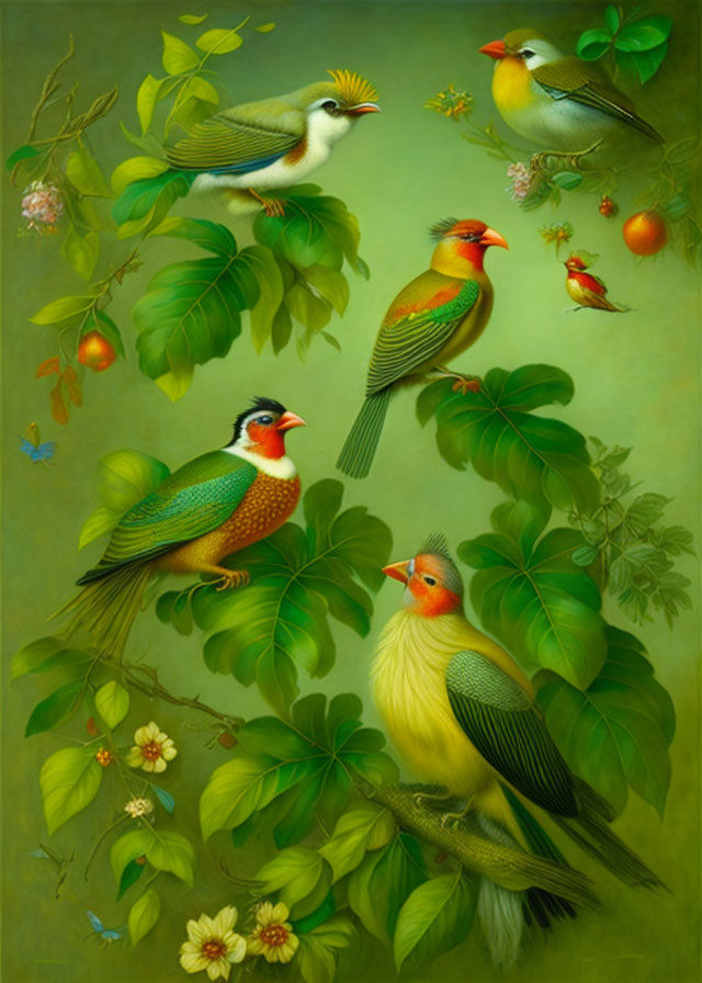 Four Colorful Birds on Leafy Branches with Flowers and Fruits in Realistic-Fantast