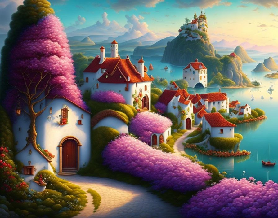 Fantasy landscape with whimsical houses, purple trees, winding paths, and a castle by the sea