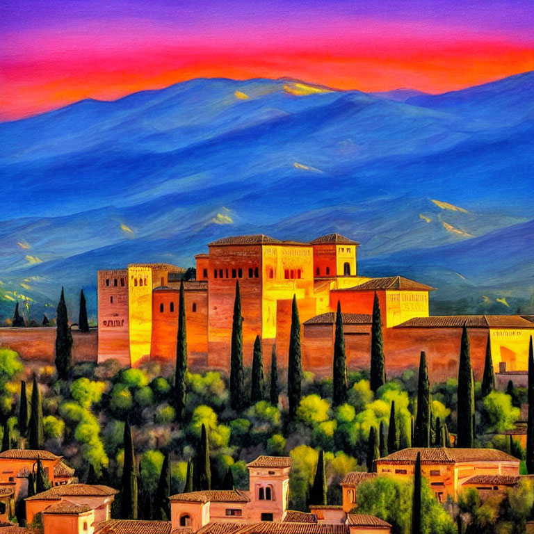 Vibrant painting of Alhambra at twilight with fiery sky and lush greenery