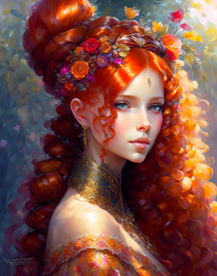 Vibrant red-haired woman with floral adornments in digital painting