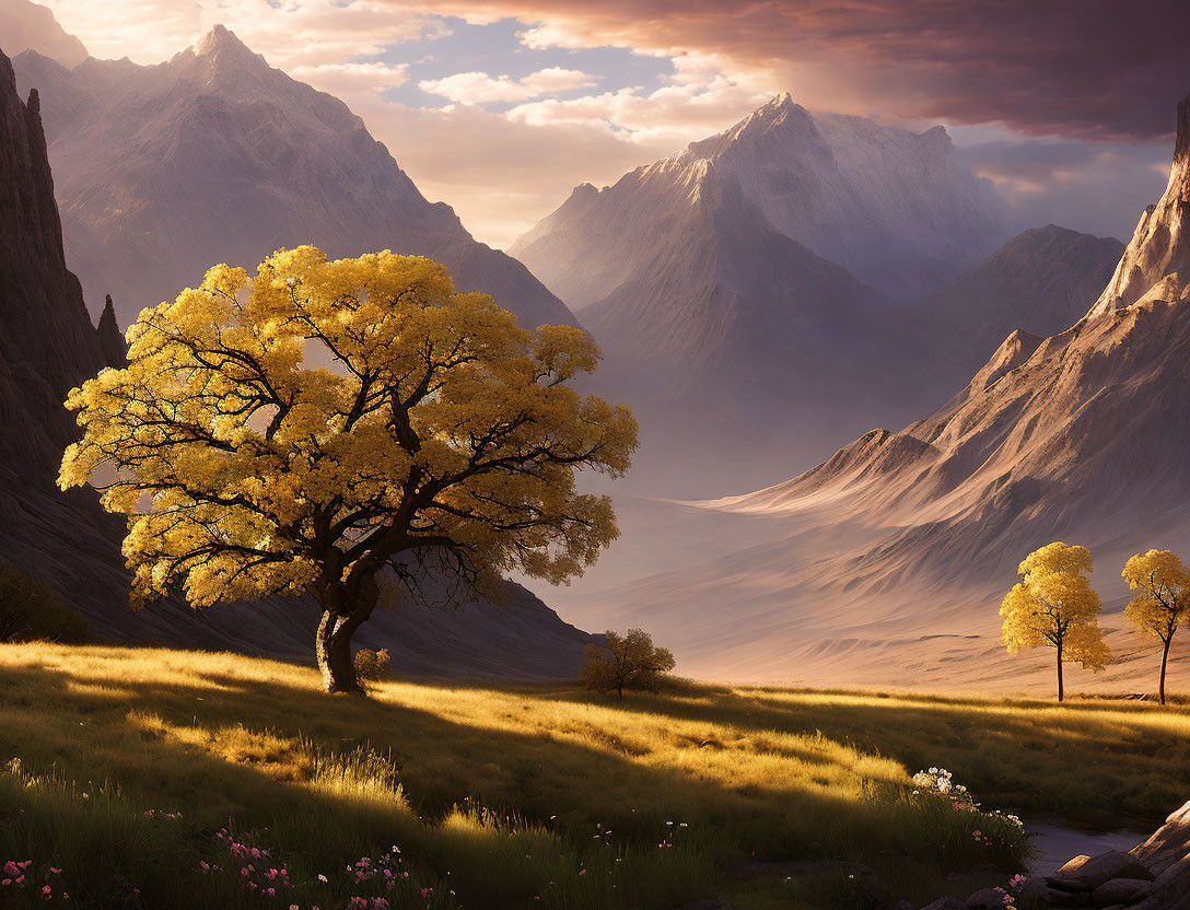 Golden tree in serene landscape with distant mountains