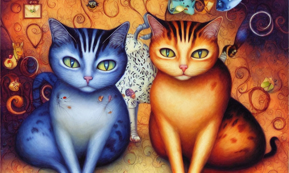 Vibrant Stylized Cats Artwork: Blue and Orange Felines with Whimsical Details