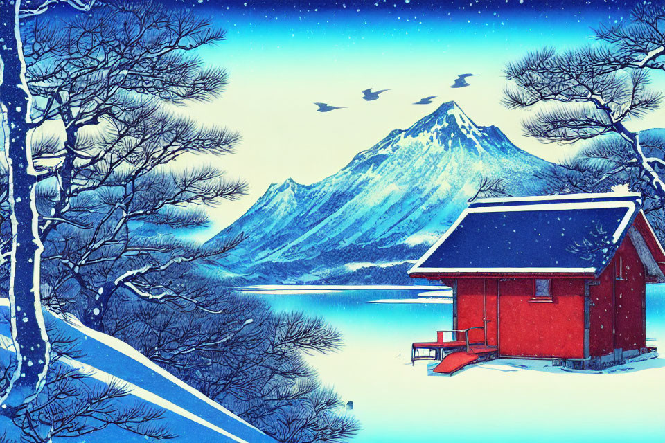 Winter landscape with red cabin, snow-covered trees, mountain, birds, and frozen lake