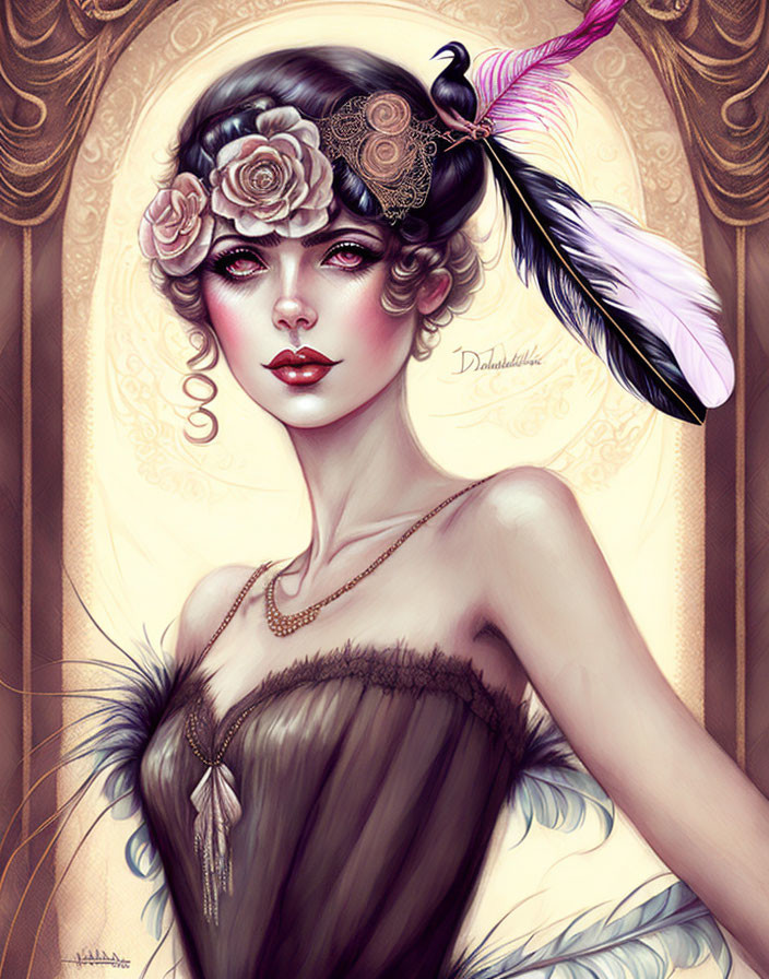 Vintage illustrated woman with headband, flowers, feathers, earrings in sepia-toned background