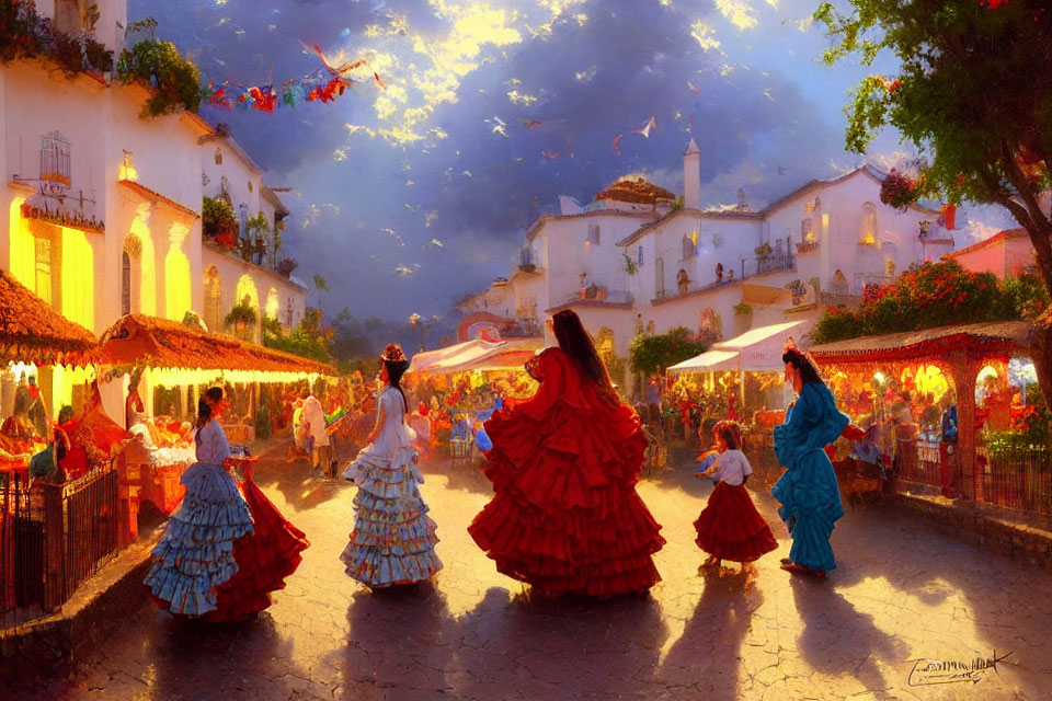 Vibrant Spanish street scene with flamenco dresses, market stalls, and white buildings at sunset