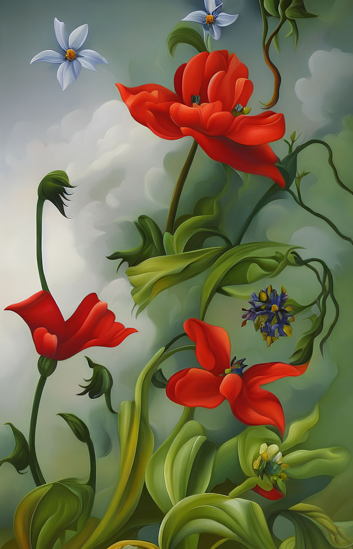 Colorful poppies and flowers on soft-focus background.