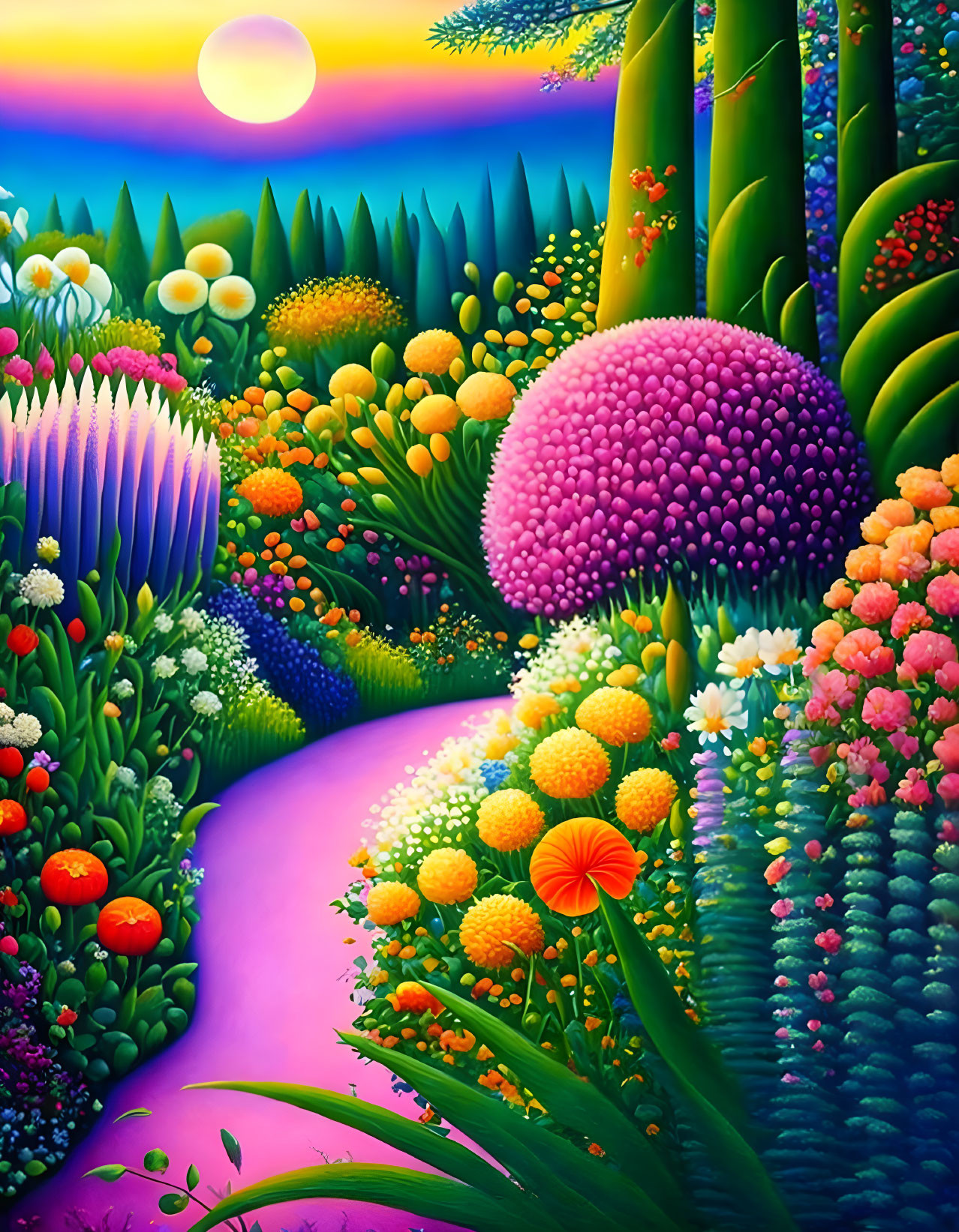 Colorful Fantasy Landscape with Whimsical Plants and Purple Mushroom