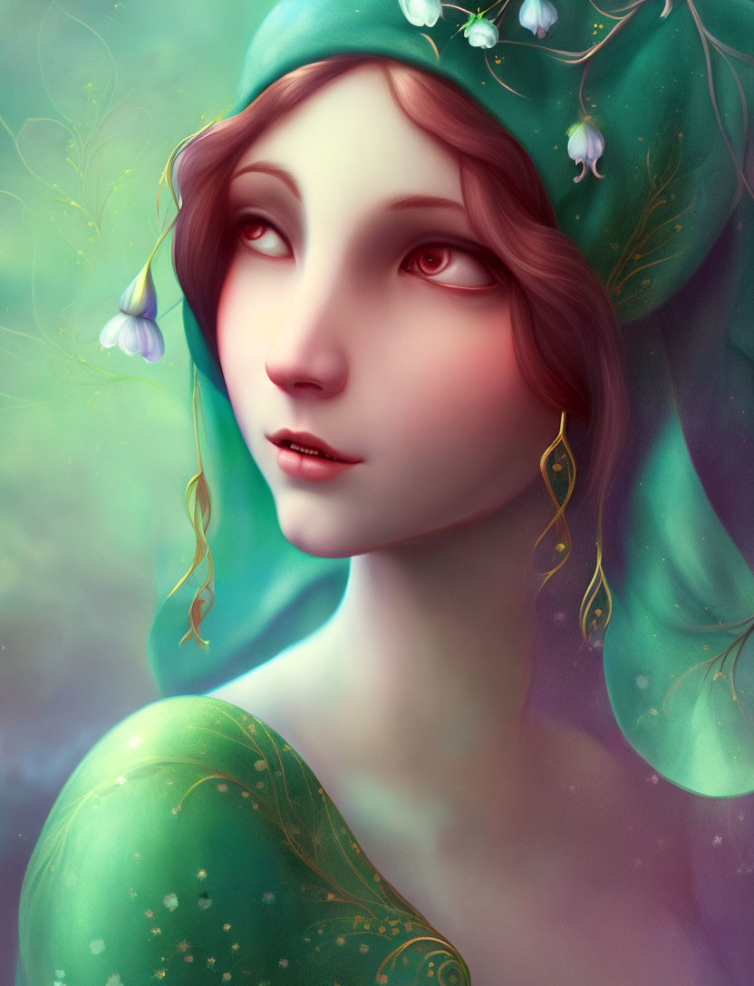 Serene youth portrait in green floral veil and attire under mystical light